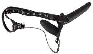 Strap-on podwójny – silikonowy, z uprzężą, 15 cm i 8,5 cm, czarny - 2