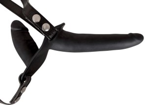 Strap-on podwójny – silikonowy, z uprzężą, 15 cm i 8,5 cm, czarny - 4