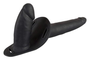 Strap-on podwójny – silikonowy, z uprzężą, 15 cm i 8,5 cm, czarny - 6