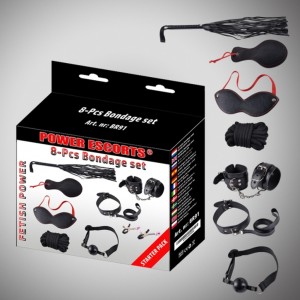 Obroża BDSM ze smyczą – zestaw 8 elementów, czarny, regulowana - 1